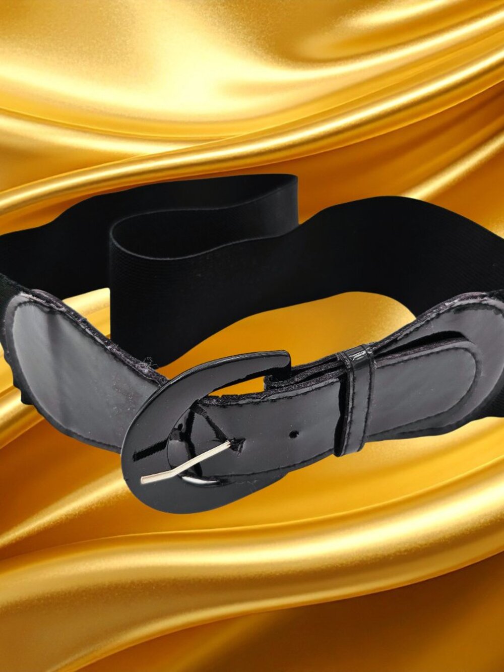 Black Wide Stretch Waist Belt Patent Oval Buckle Women's One Size